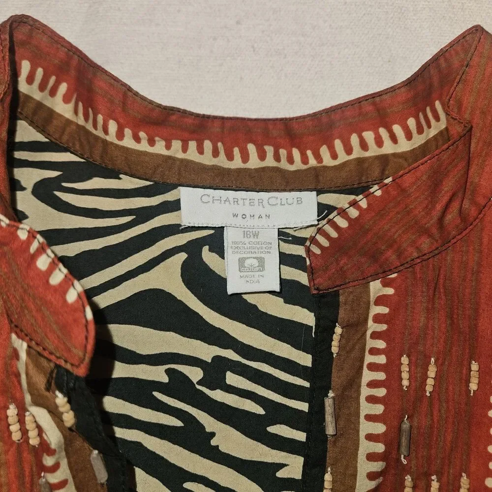 Charter Club Womens 16W Animal Print Tunic Embroidered Beaded Lightweight Cotton - Picture 3 of 8